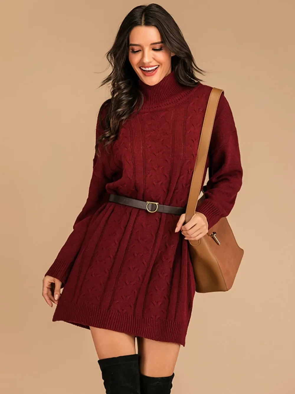 Perfee Slit Turtleneck Long Sleeve Mini Sweater Dress - tif-shop24.de
