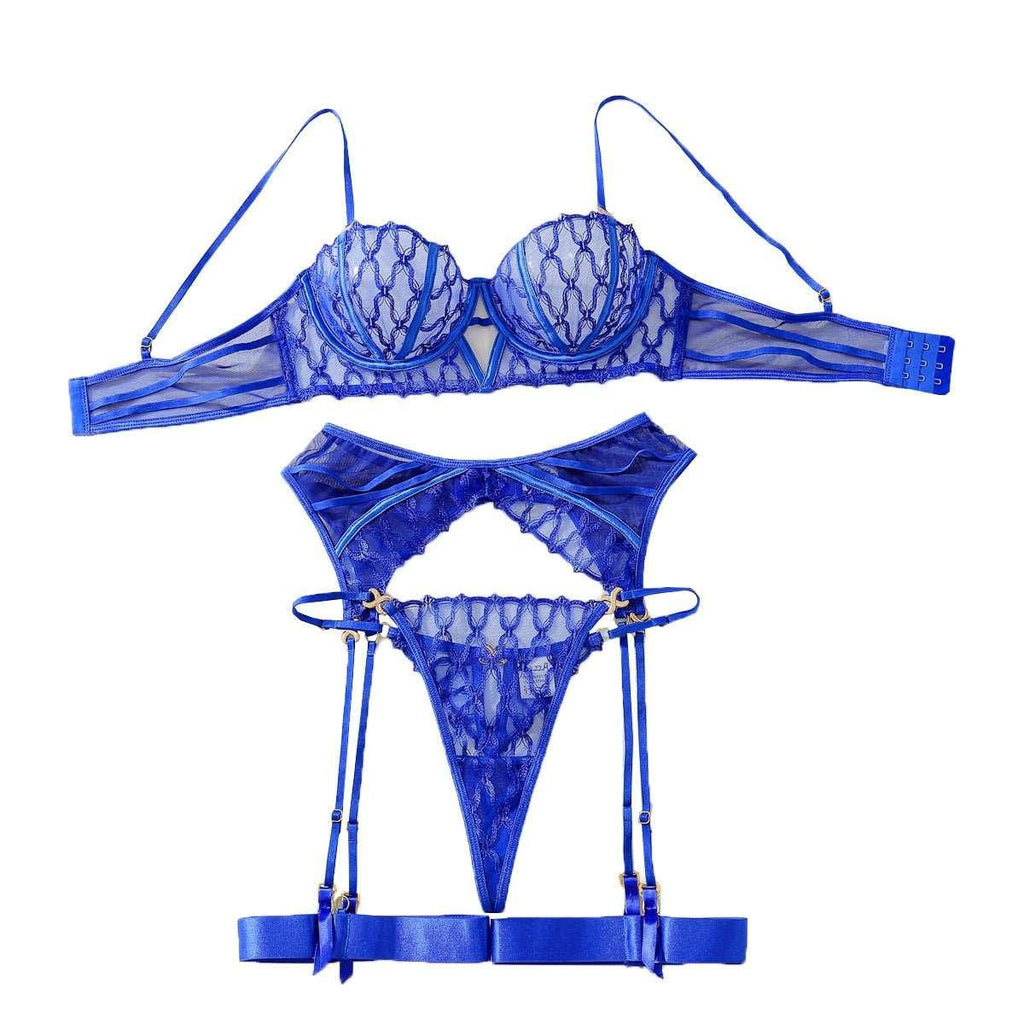 Blue embroidery gathered perspective slim fit sexy lingerie 