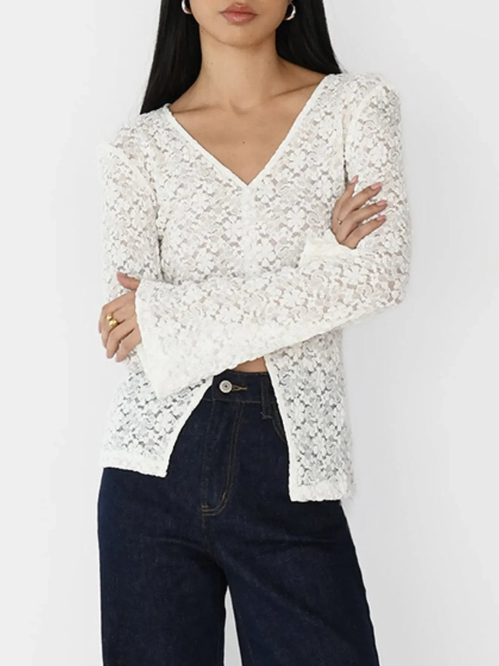 Lace V-Neck Flare Sleeve T-Shirt - tif-shop24.de
