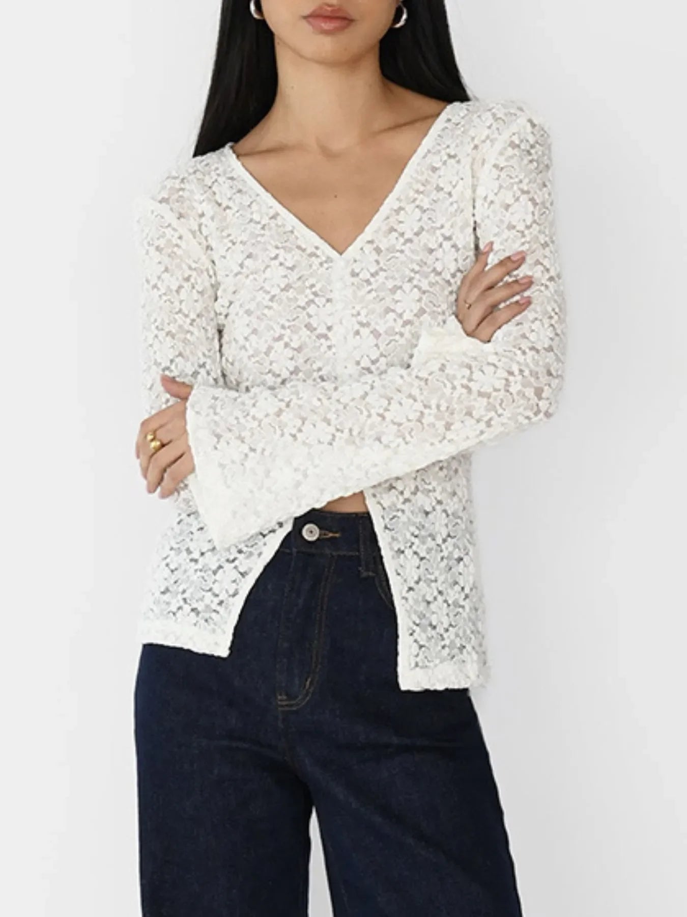 Lace V-Neck Flare Sleeve T-Shirt - tif-shop24.de