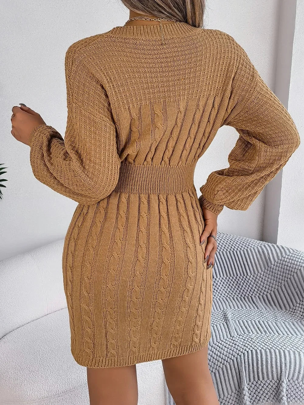 Cable-Knit Cutout Round Neck Slit Sweater Dress - tif-shop24.de