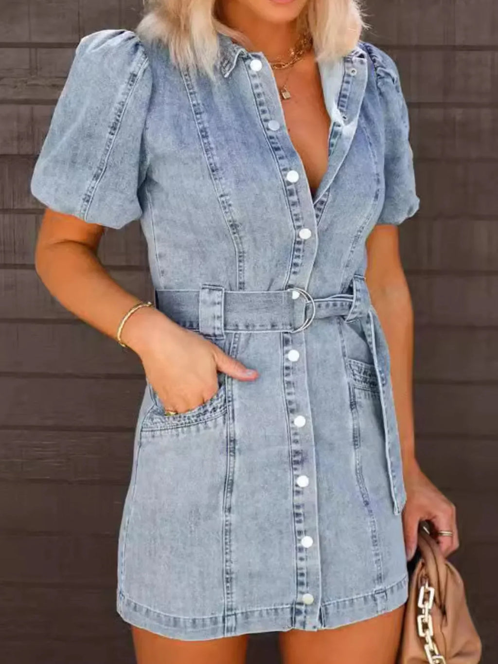 Button-Up Puff Sleeve Denim Shirt Dress - tif-shop24.de