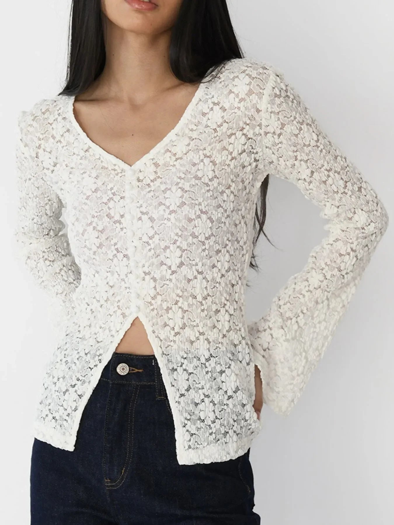 Lace V-Neck Flare Sleeve T-Shirt - tif-shop24.de