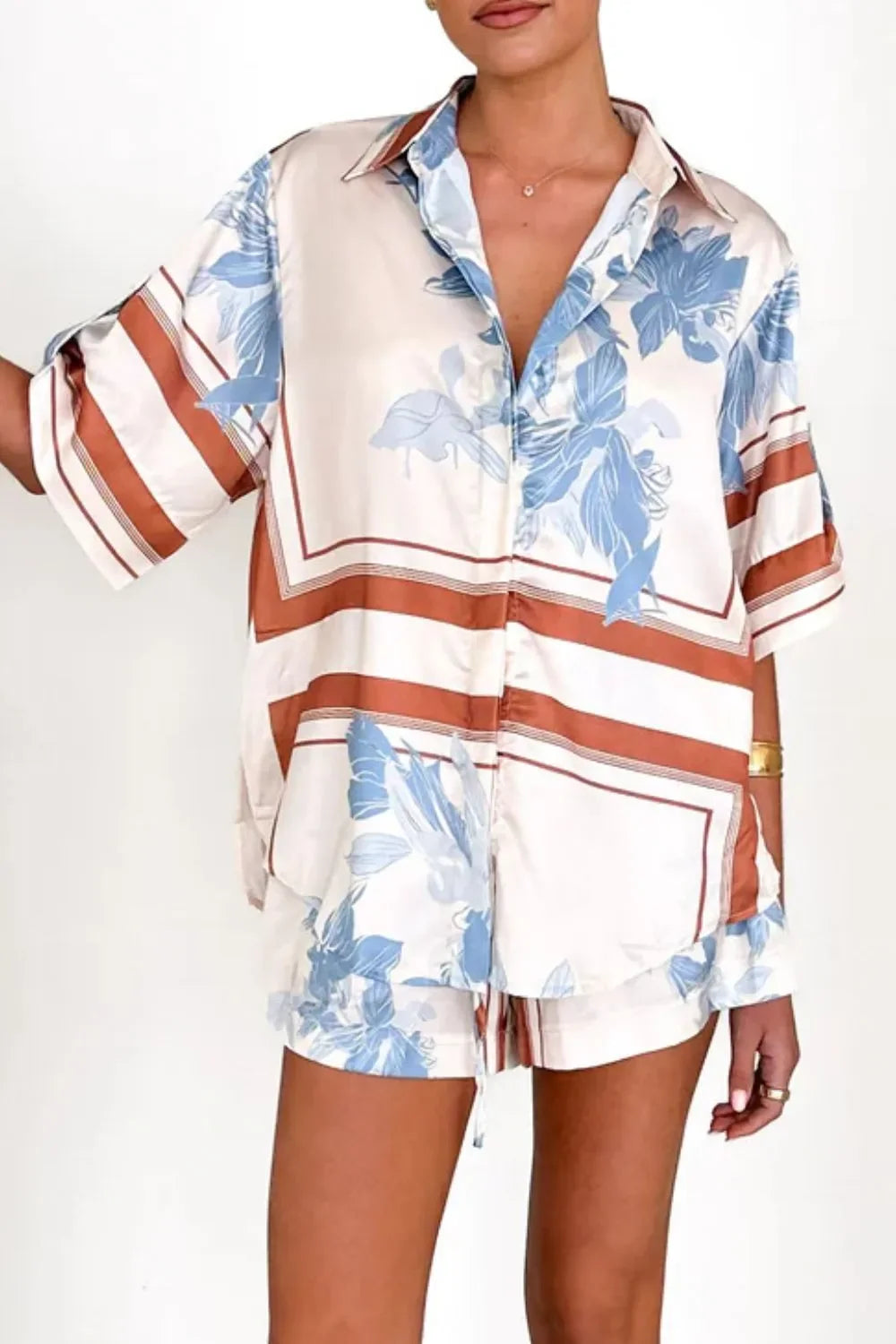 Printed Collared Neck Top and Shorts Set - tif-shop24.de