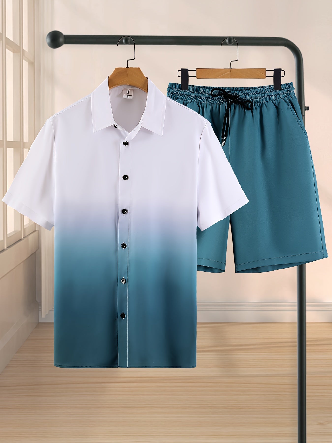Trendy Casual Comfy Shirt & Shorts, Gradient Kurzarm-Lapel-Hals-Top & Loose Shorts Mit Drawstring-Taschen, Outdoor-Sets