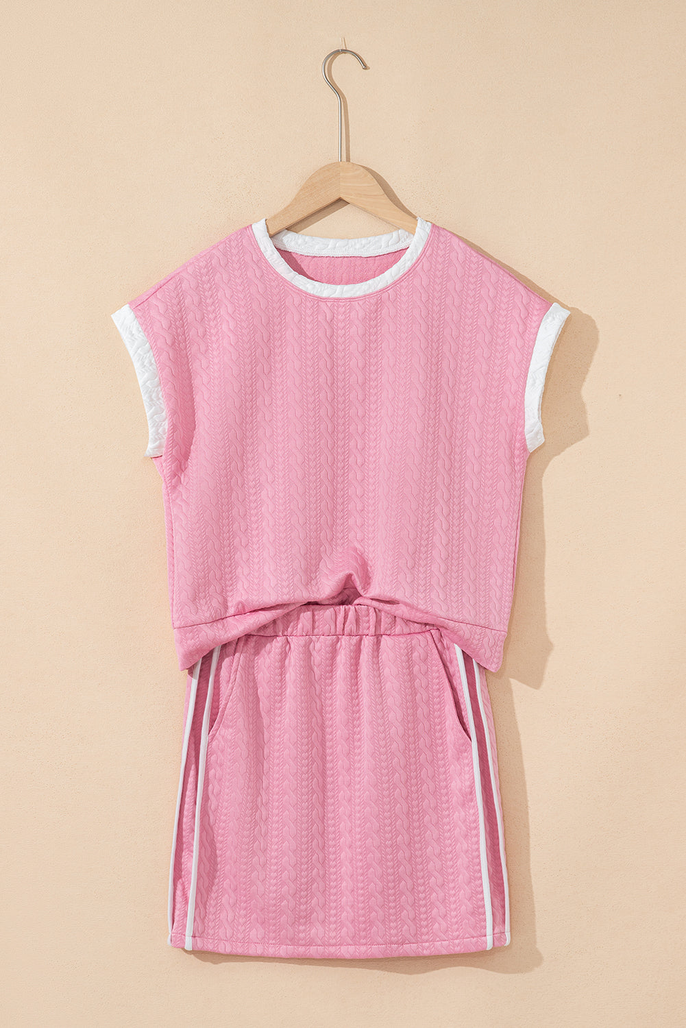 Pink Contrast Trim Textured Crewneck Top and Pocketed Skirt Set