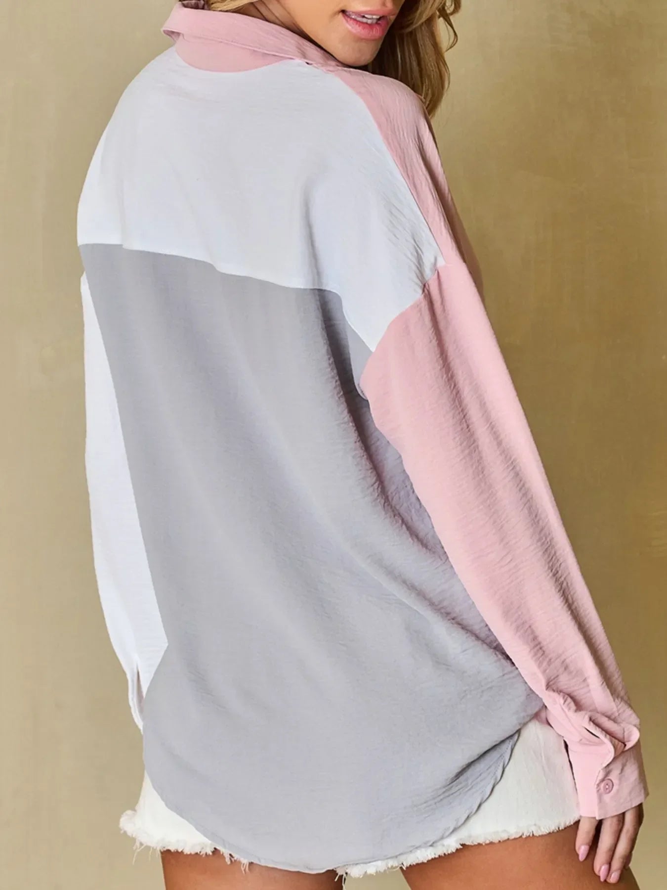 Color Block Oversized Button-Up Shirt with Chest Pocket - tif-shop24.de