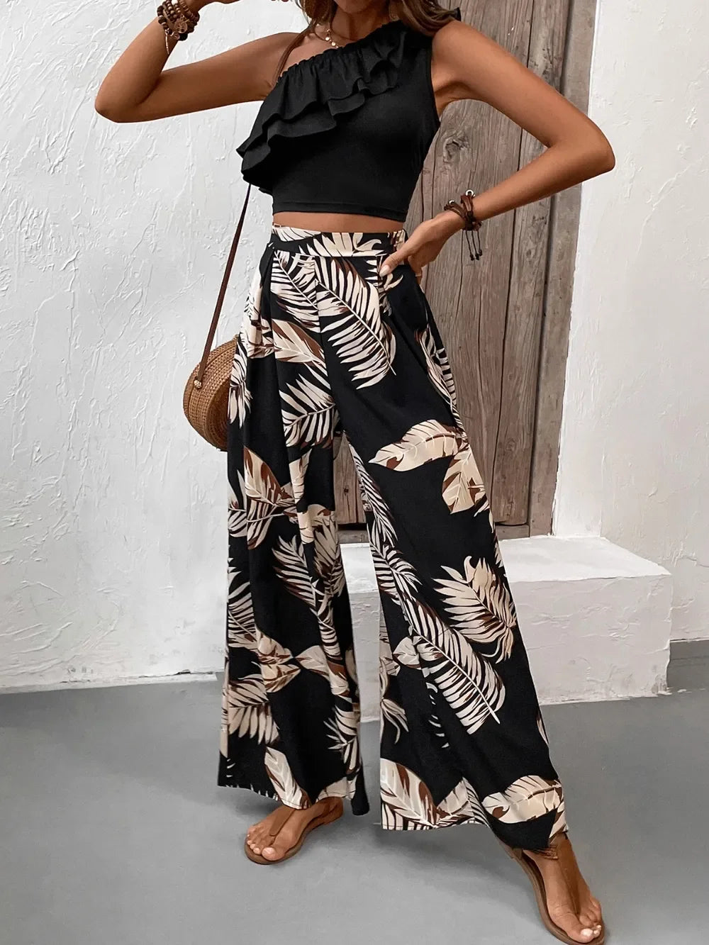 Honey Ruffled Sleeveless Top and Printed Pants Set - tif-shop24.de