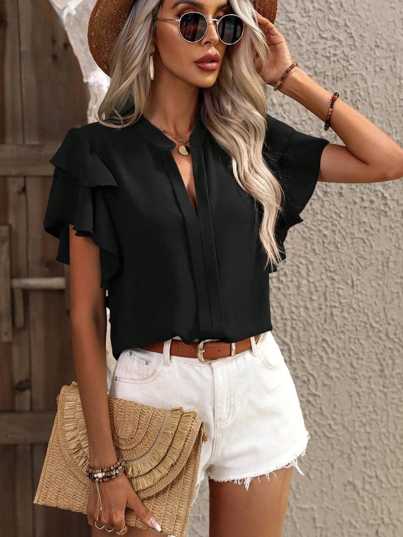 Ruffle Sleeve Notched Blouse - tif-shop24.de