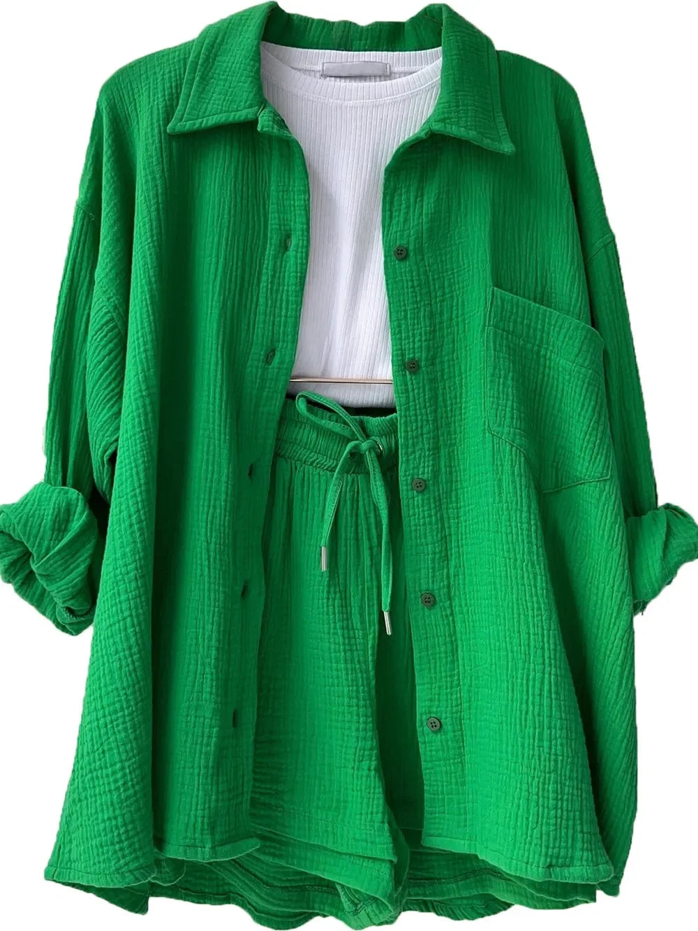 Texture Button Up Shirt and Drawstring Shorts Set - tif-shop24.de