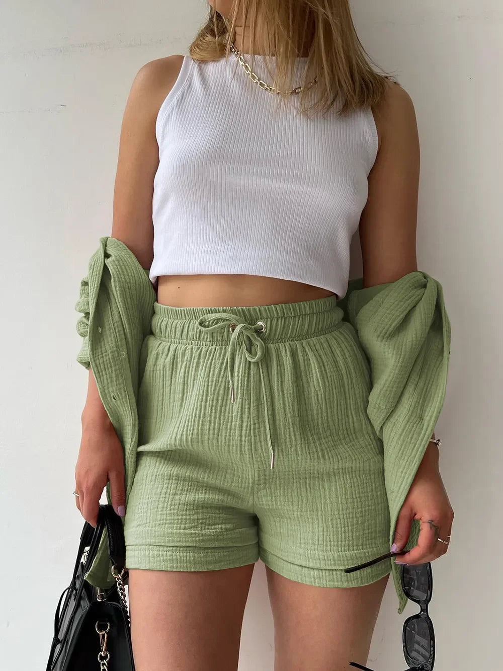 Texture Button Up Shirt and Drawstring Shorts Set - tif-shop24.de