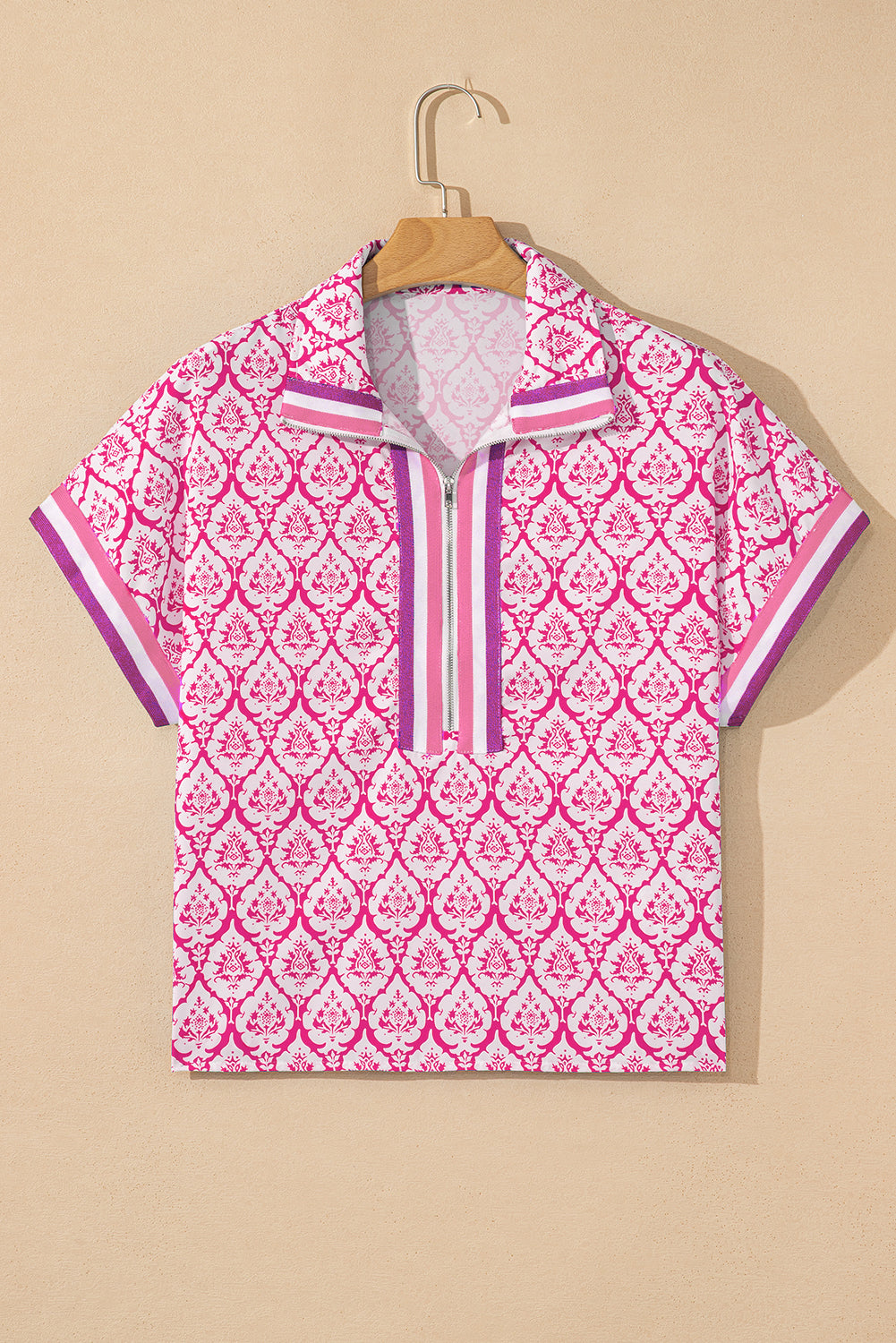 Pink Colorblock Striped Collar Bohemian Print Blouse