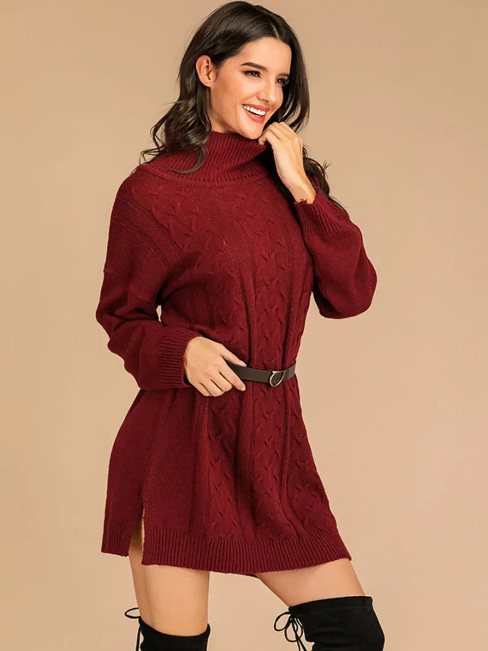 Perfee Slit Turtleneck Long Sleeve Mini Sweater Dress - tif-shop24.de