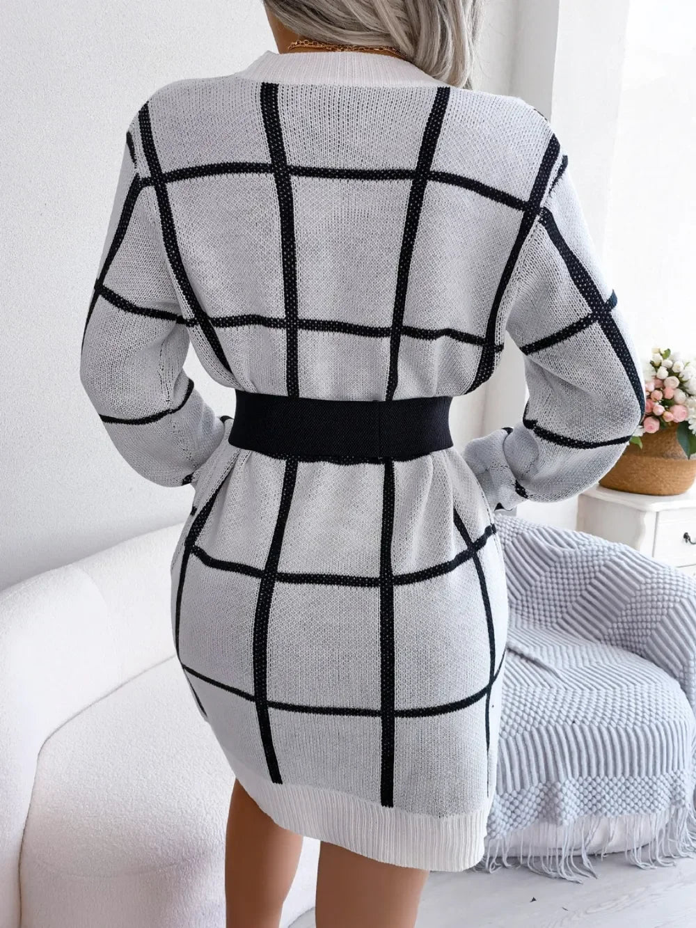 Plaid Round Neck Dropped Shoulder Sweater Dress - tif-shop24.de