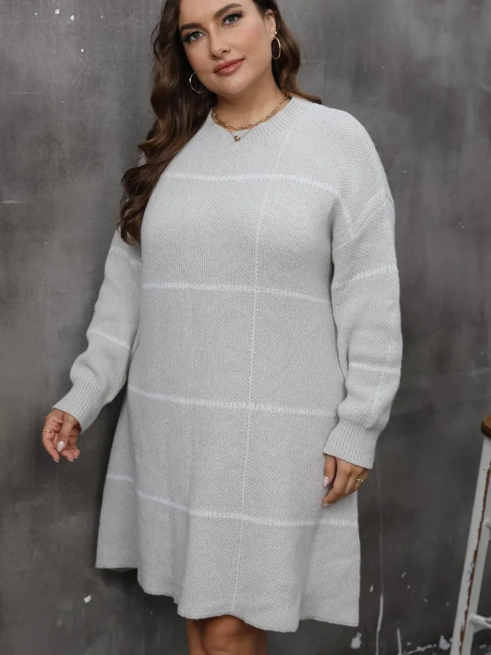 Plus Size Round Neck Long Sleeve Sweater Dress - tif-shop24.de
