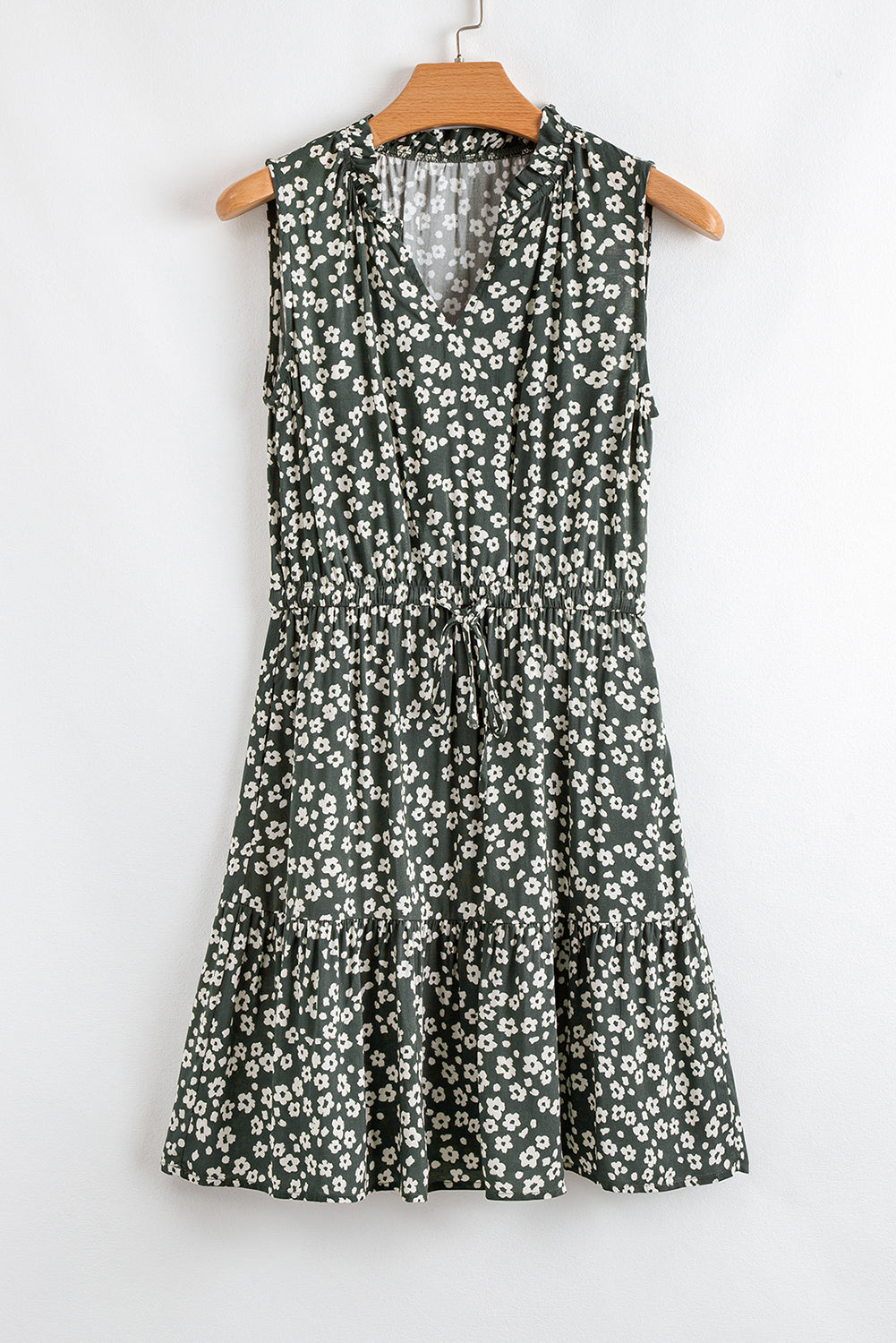 Green Boho Floral Print V Neck Knot Waist Sleeveless Dress