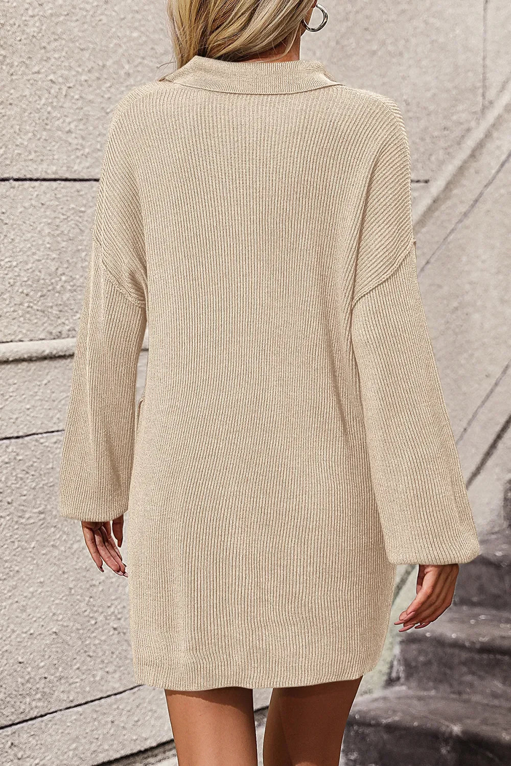 Collared Neck Long Sleeve Sweater Dress with Pockets - tif-shop24.de