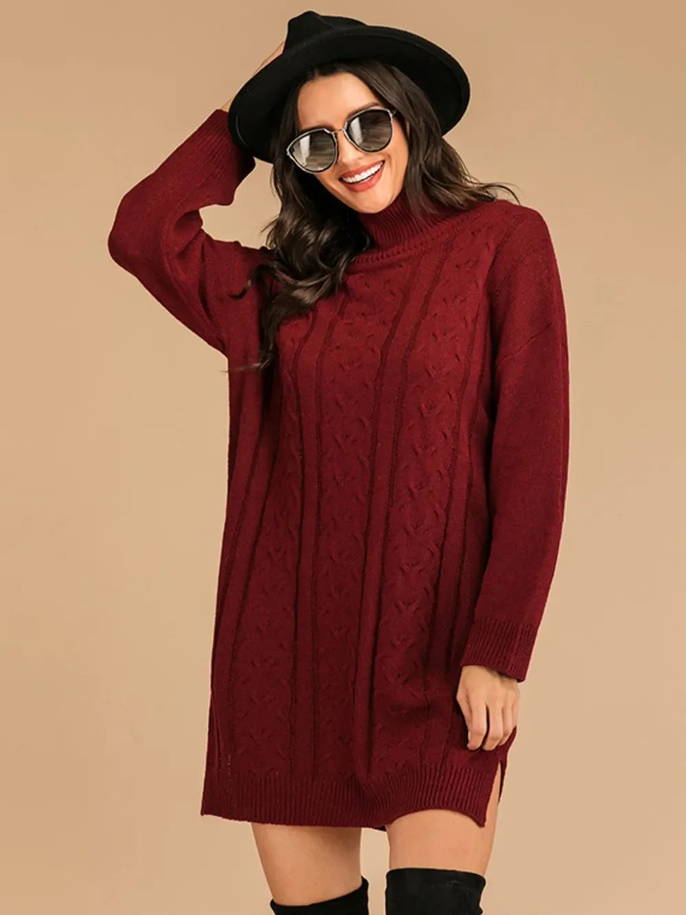 Perfee Slit Turtleneck Long Sleeve Mini Sweater Dress - tif-shop24.de