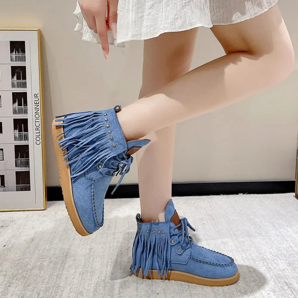 Fringe Studded Round Toe Canvas Boots - tif-shop24.de