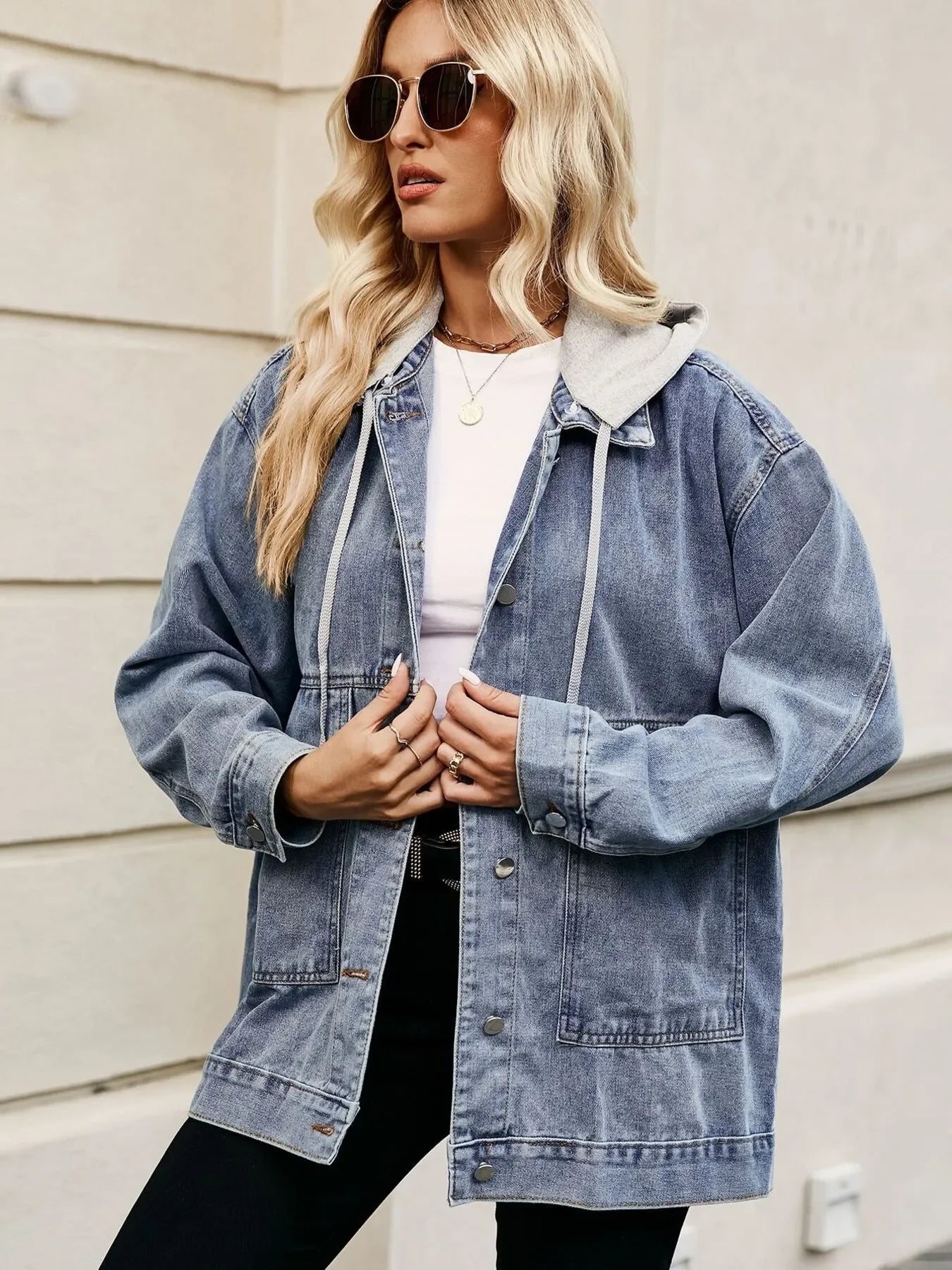 Oversized Button Up Denim Jacket with Hood - tif-shop24.de