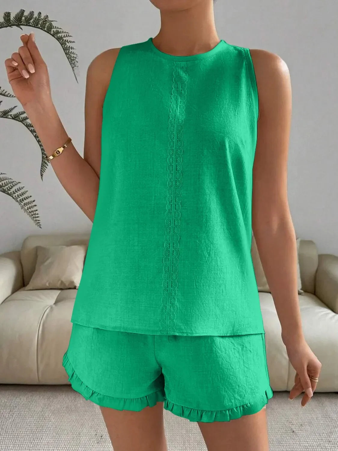 Lace Detail Round Neck Tank and Shorts Set - tif-shop24.de