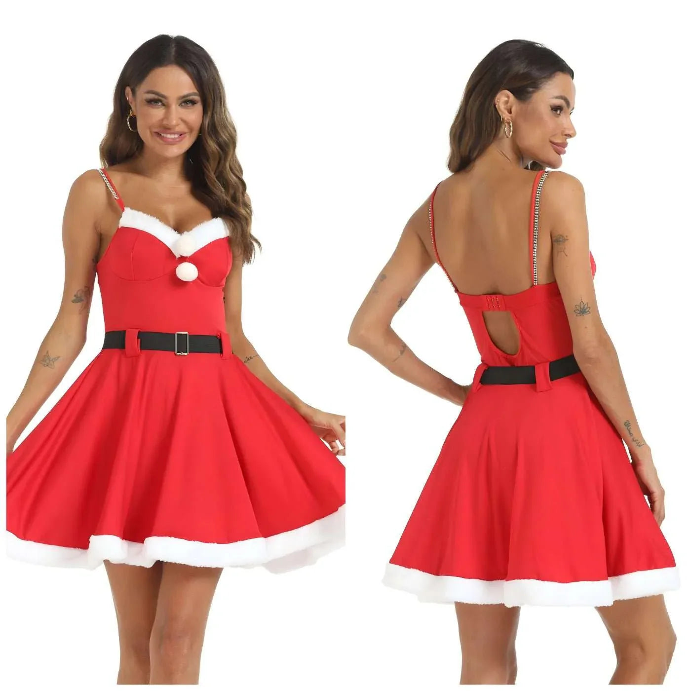 Christmas Rhinestone Double-Strap Dress Lady Party Costume Role Play Outfit for Women - tif-shop24.de