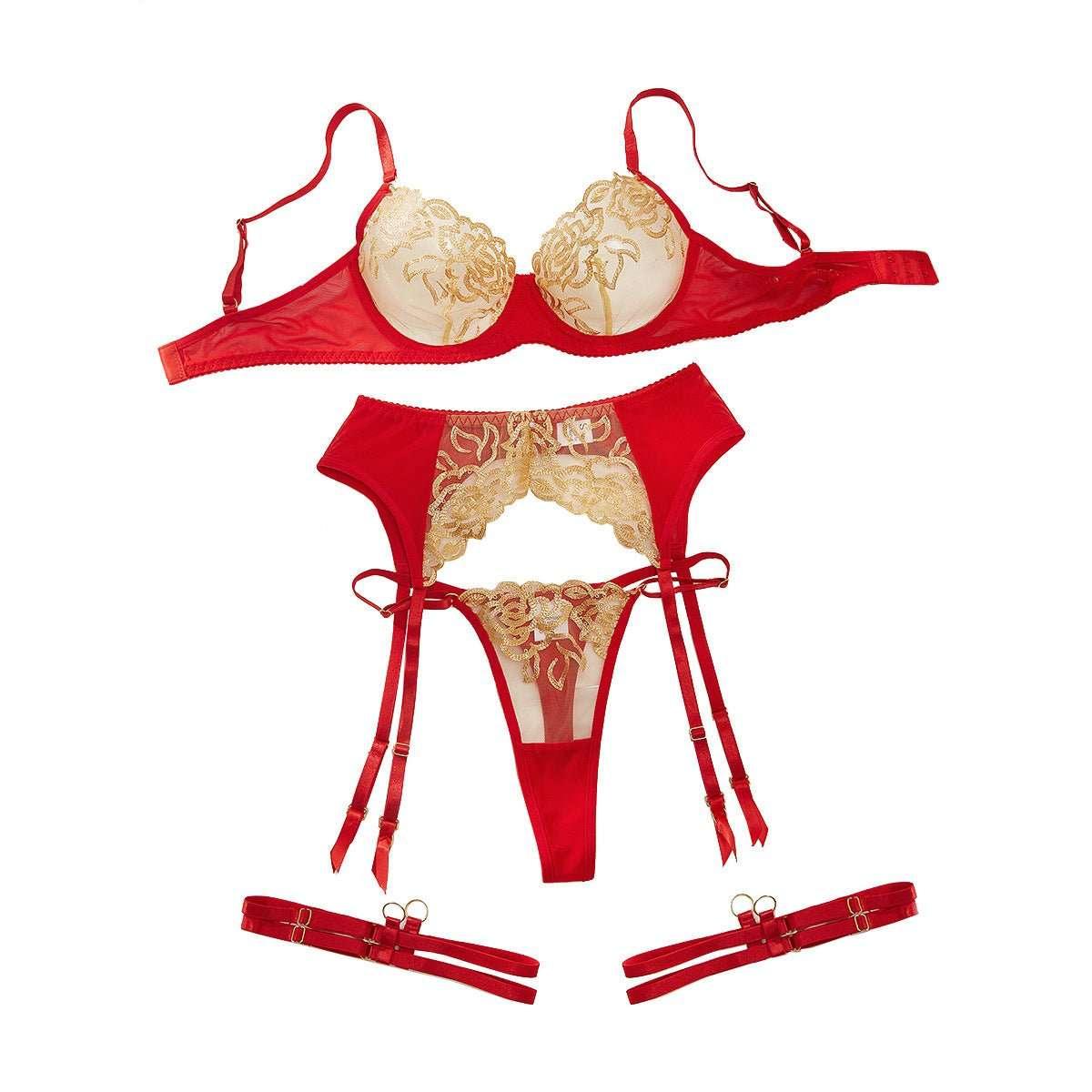Collision Pornographic Fun Embroidery Splicing Mesh Sexy Underwear Four Piece Set for Women - tif-shop24.de