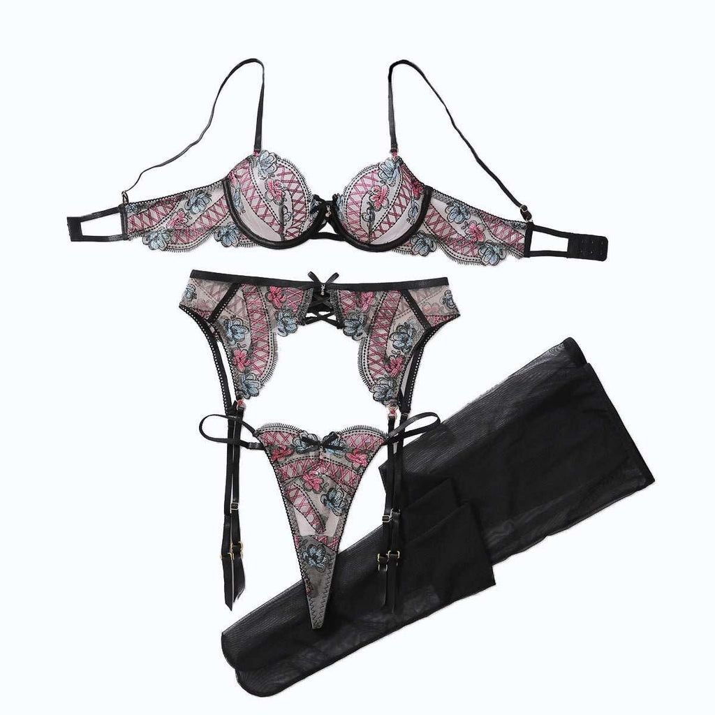 Color blocked floral embroidery pure desire perspective shaping sexy lingerie split set - tif-shop24.de