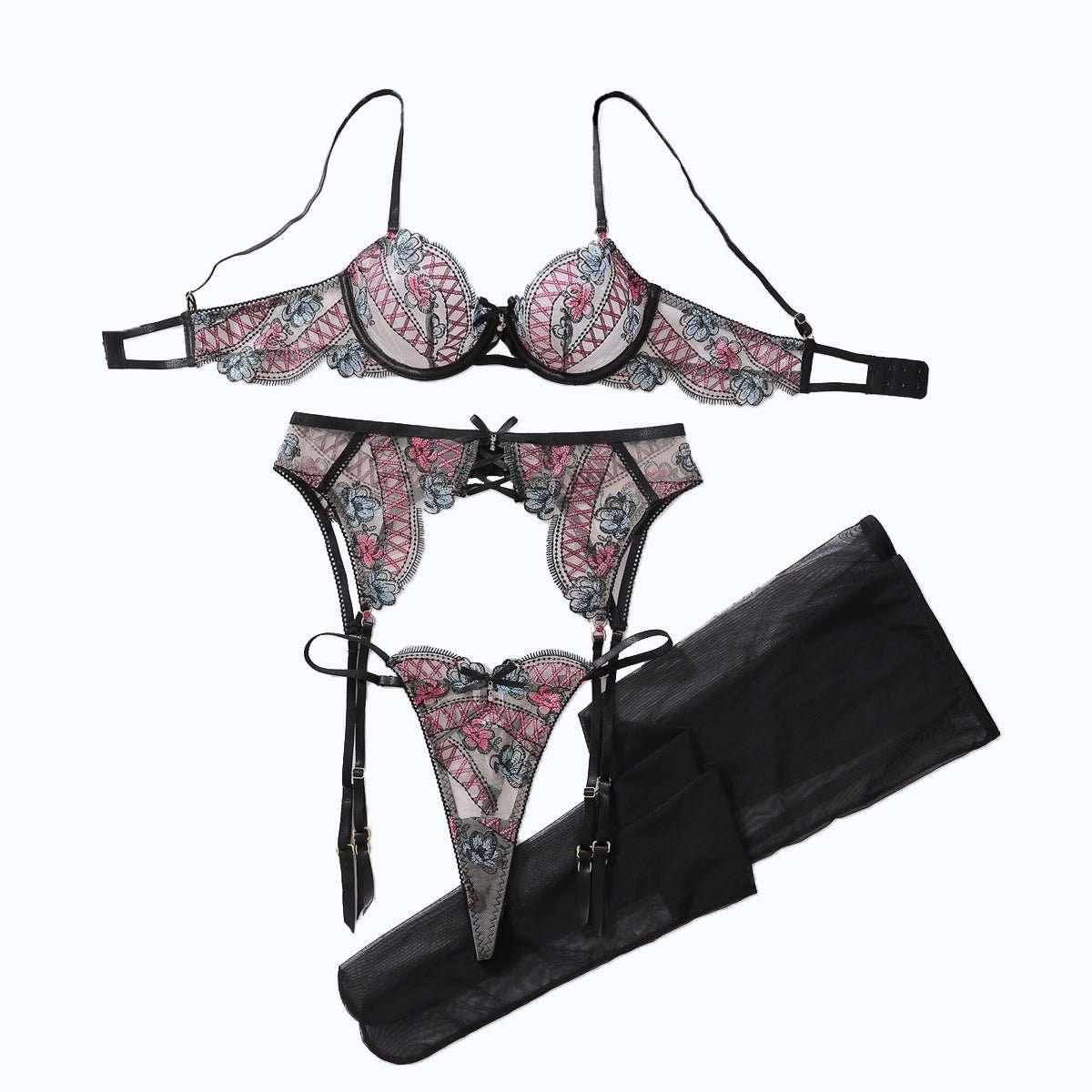 Color blocked floral embroidery pure desire perspective shaping sexy lingerie split set - tif-shop24.de