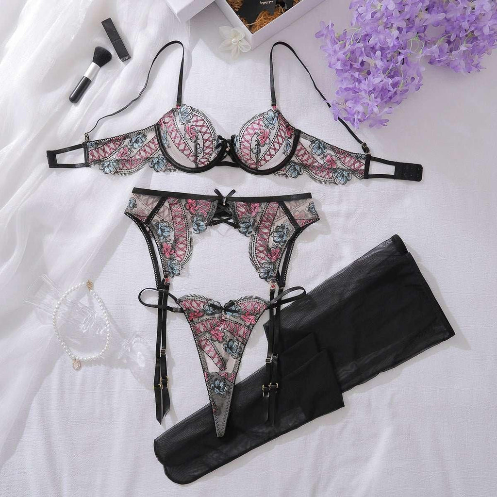 Color blocked floral embroidery pure desire perspective shaping sexy lingerie split set - tif-shop24.de