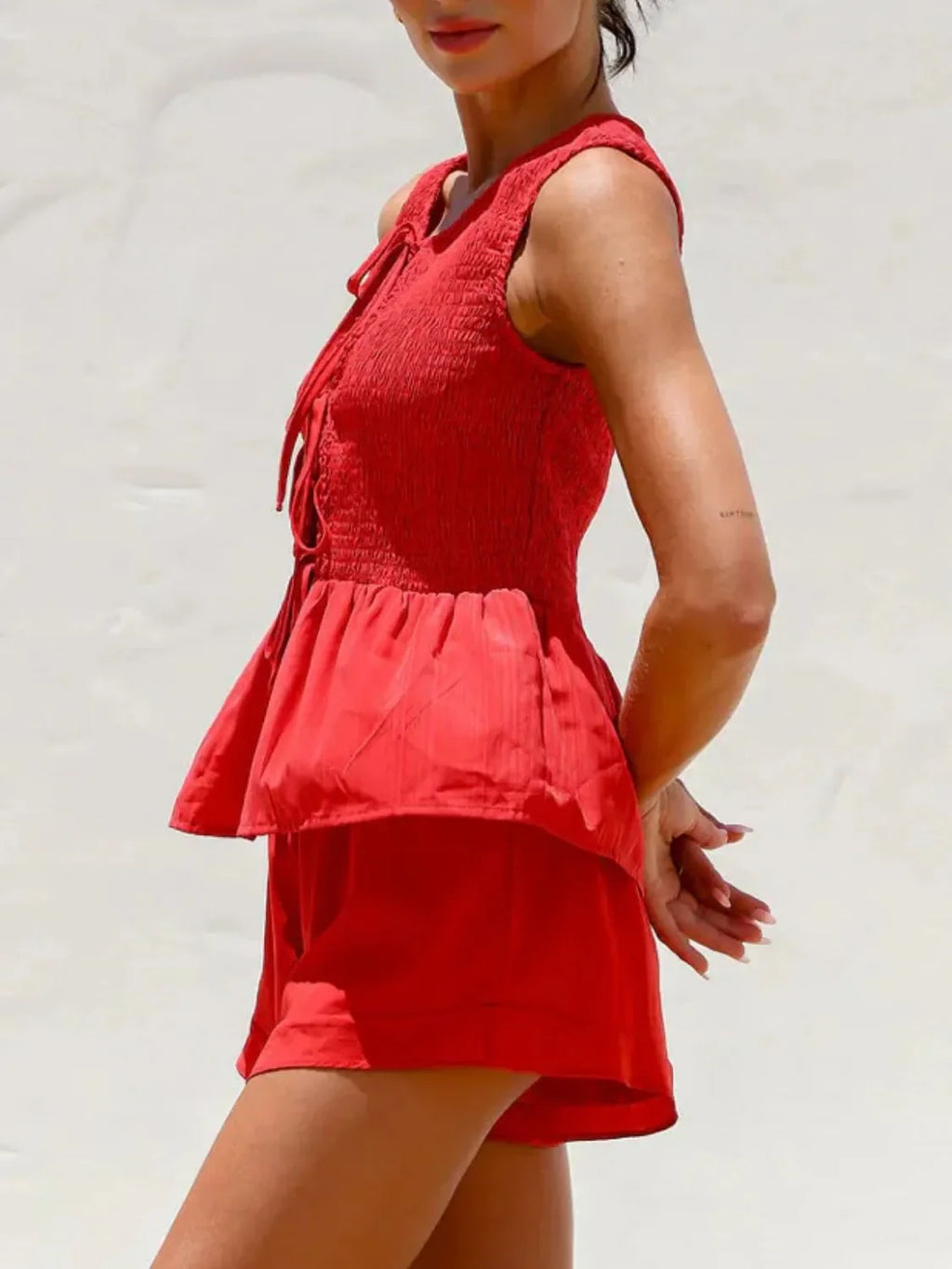 Tied Front Smocked Top and Shorts Set - tif-shop24.de