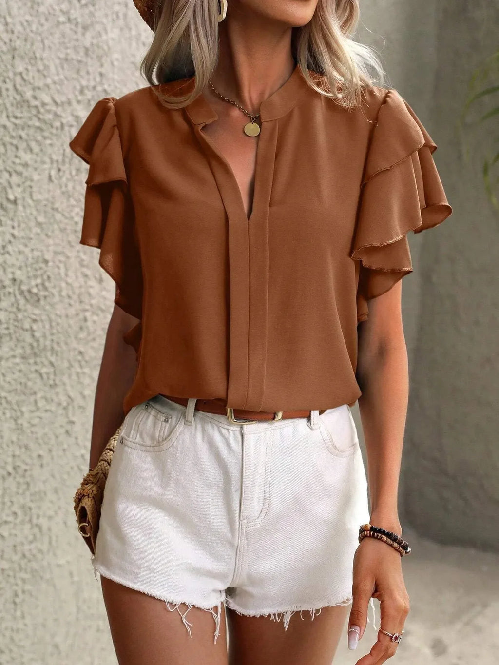 Ruffle Sleeve Notched Blouse - tif-shop24.de