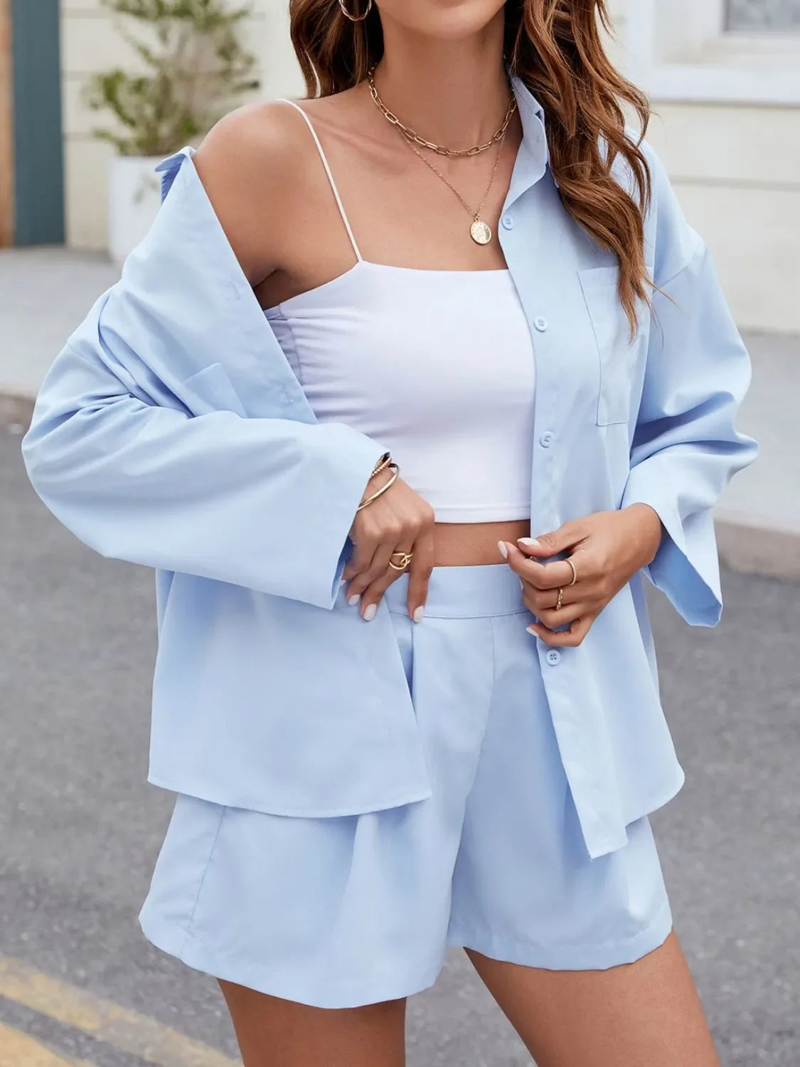 Button Up Long Sleeve Top and Shorts Set - tif-shop24.de