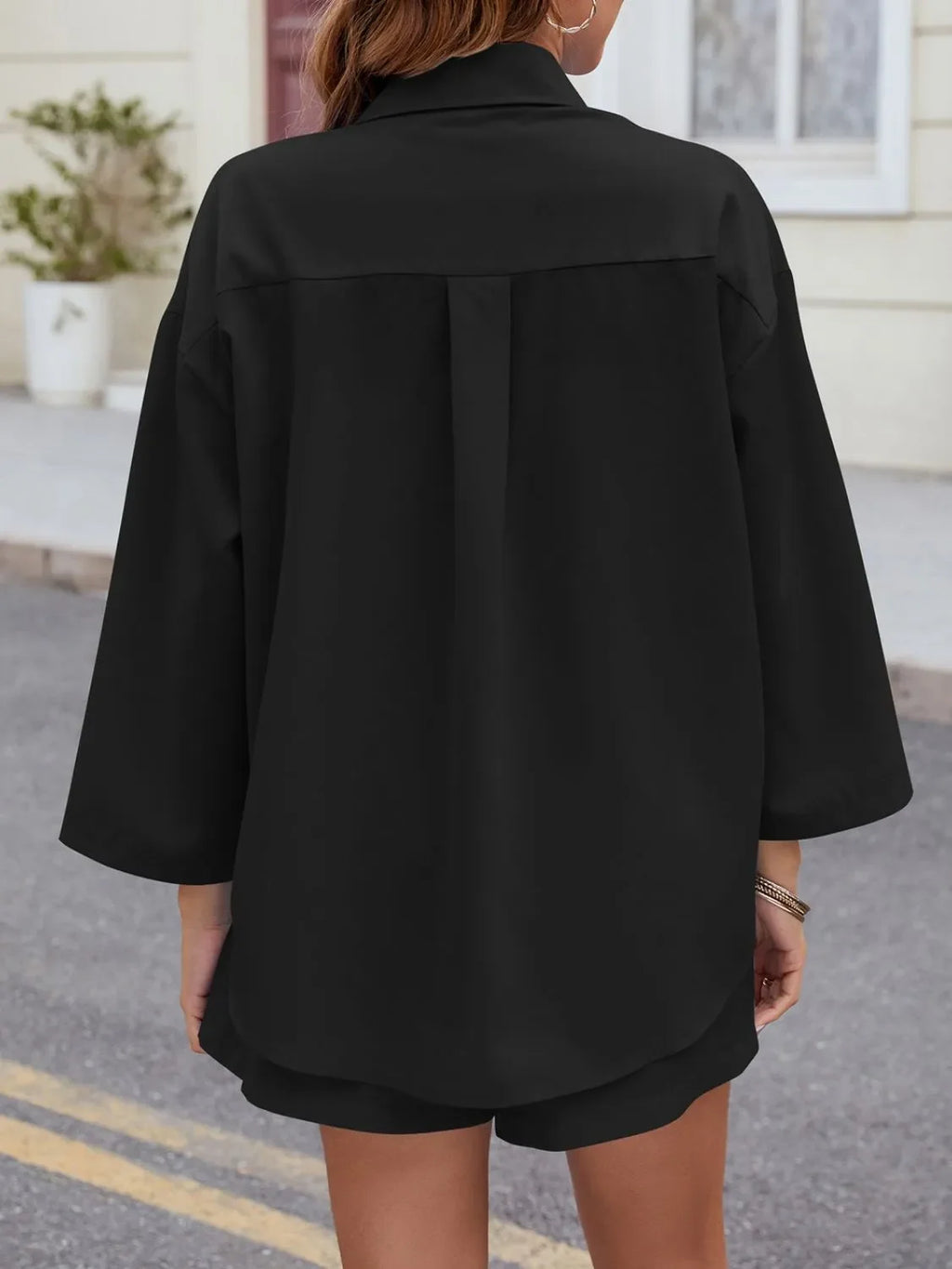 Button Up Long Sleeve Top and Shorts Set - tif-shop24.de