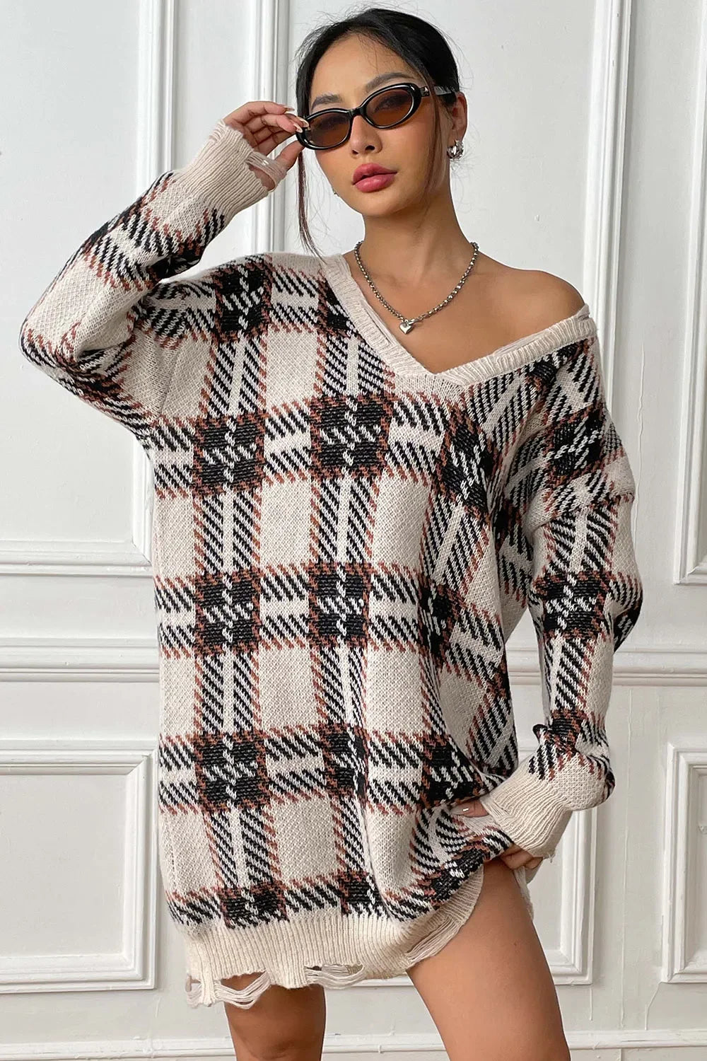 Plaid V-Neck Long Sleeve Sweater Dress - tif-shop24.de