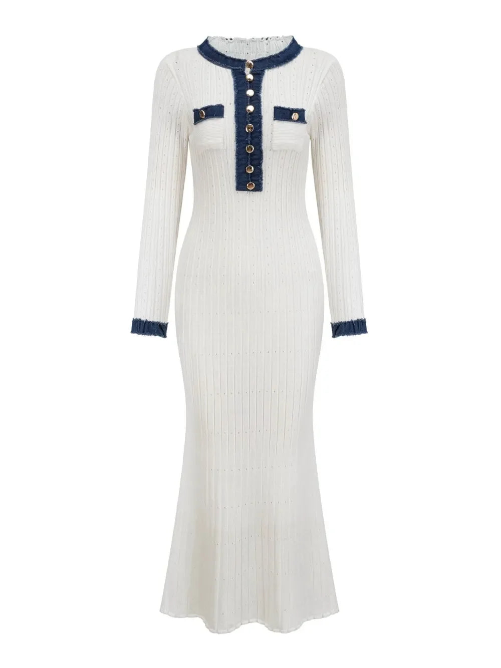 Contrast Trim Round Neck Long Sleeve Sweater Dress - tif-shop24.de