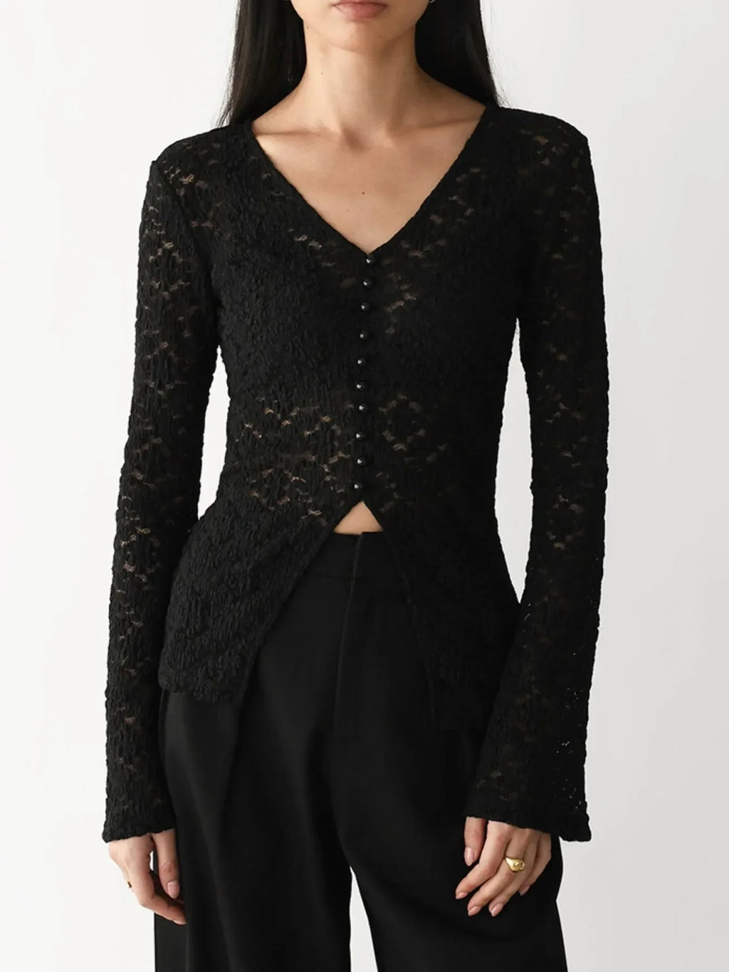 Lace V-Neck Flare Sleeve T-Shirt - tif-shop24.de