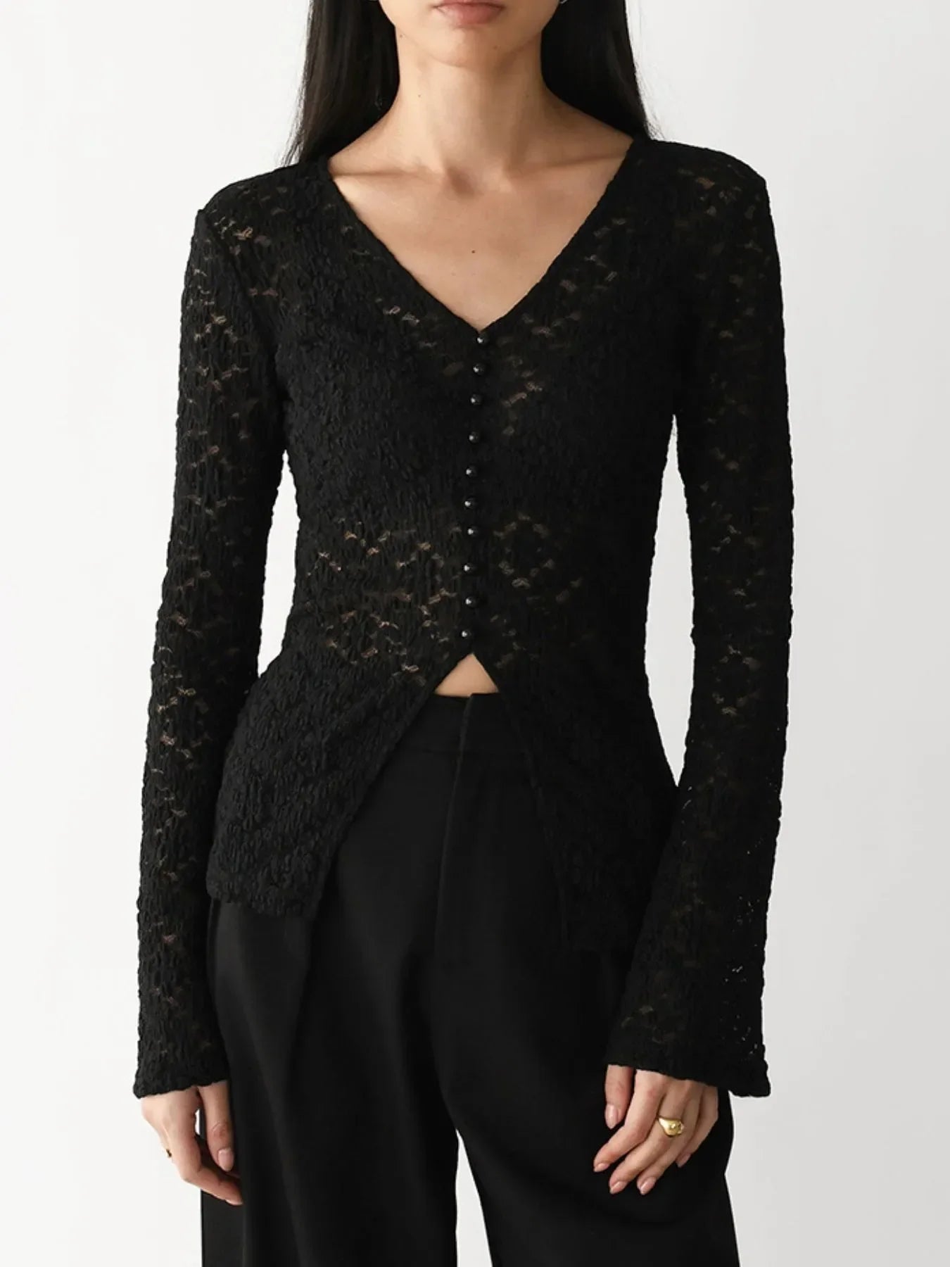 Lace V-Neck Flare Sleeve T-Shirt - tif-shop24.de