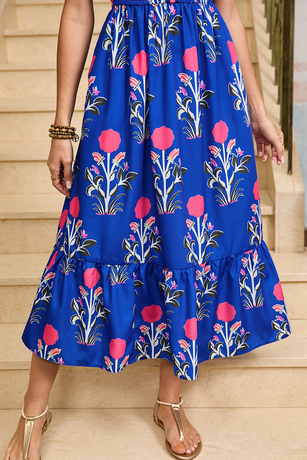 Sky Blue Floral Ruffle Hem Pop of Color Neckline Dress