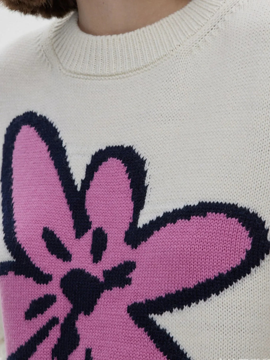 Flower Ribbed Hem Round Neck Sweater - tif-shop24.de