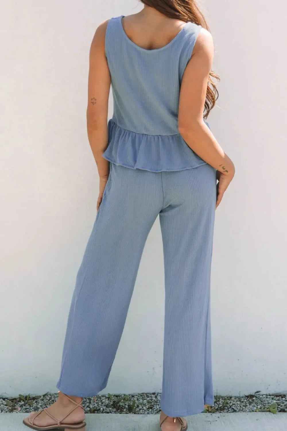 Color Ribbed Ruffle Tank Top and Pants Set - tif-shop24.de
