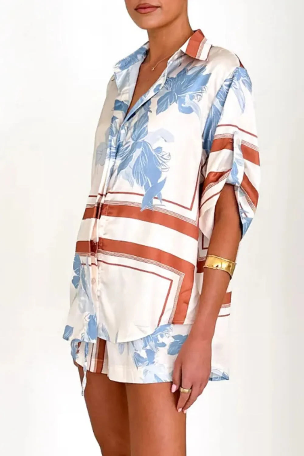 Printed Collared Neck Top and Shorts Set - tif-shop24.de