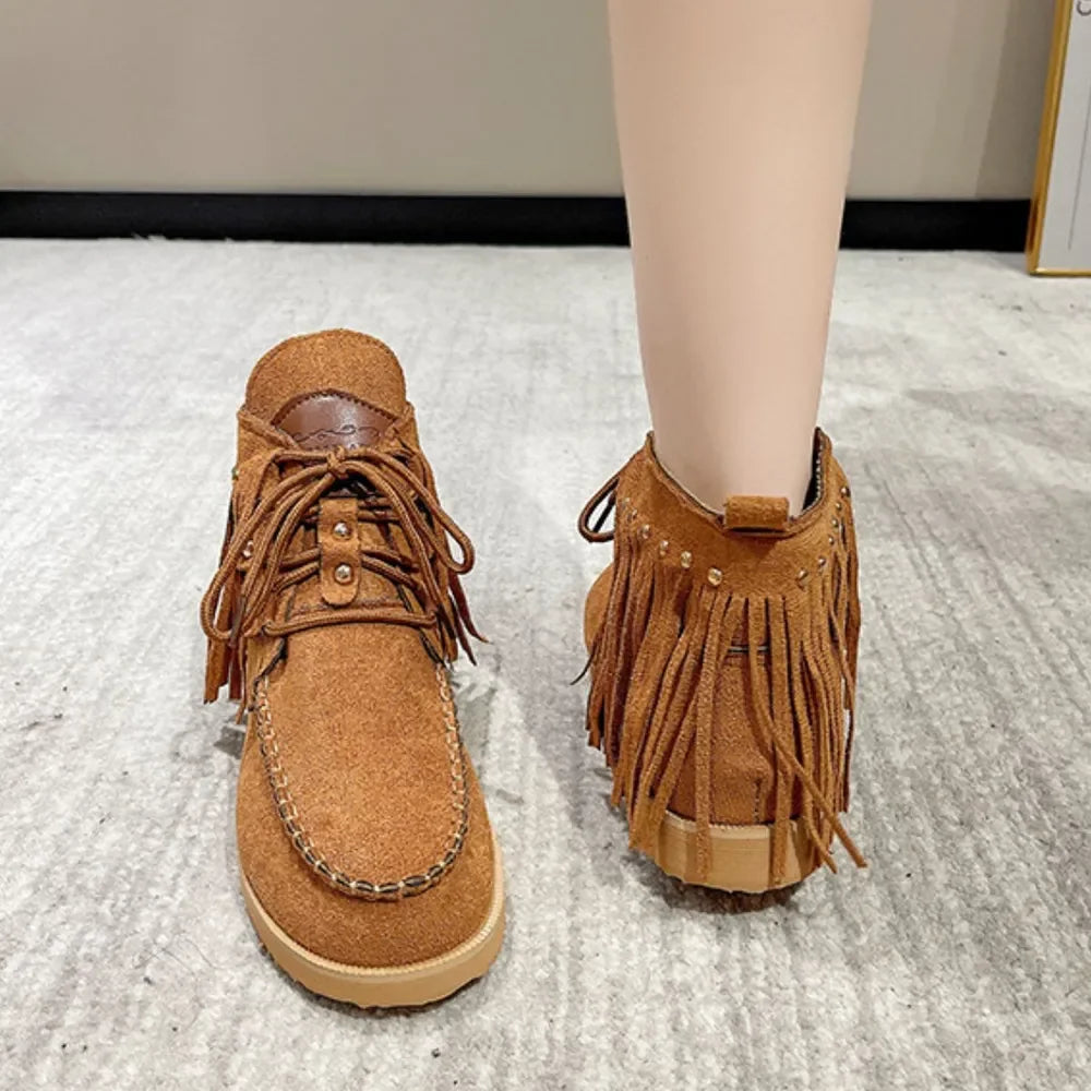 Fringe Studded Round Toe Canvas Boots - tif-shop24.de