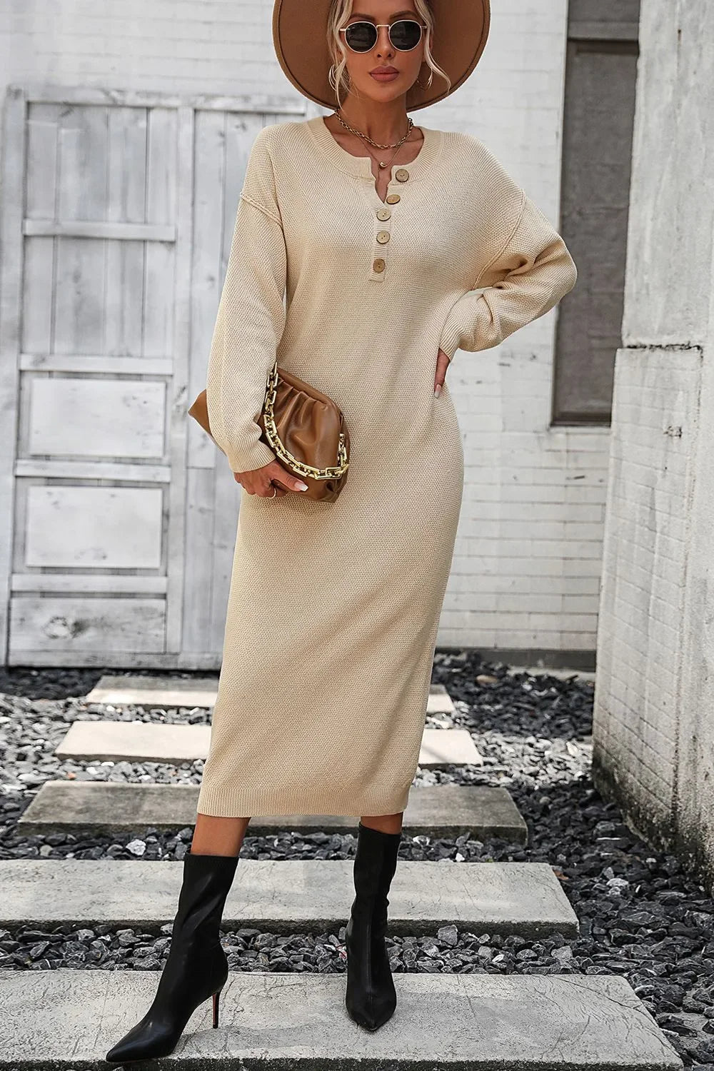 Decorative Button Notched Dropped Shoulder Sweater Dress - tif-shop24.de