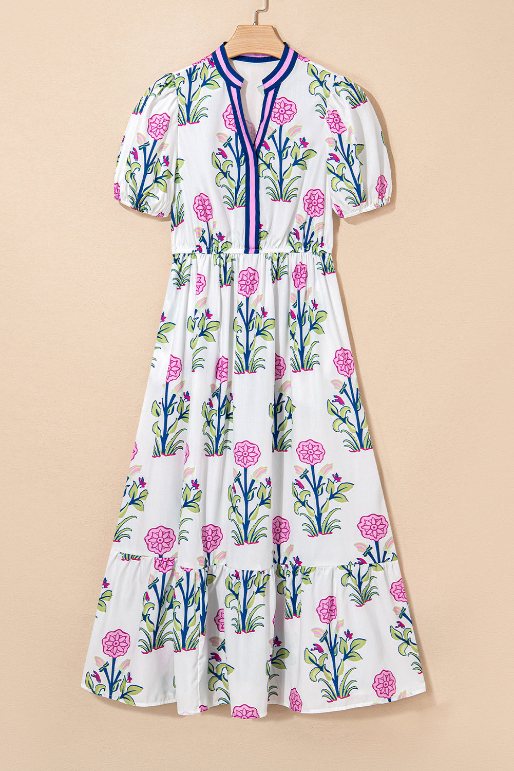 White Floral Ruffle Hem Pop of Color Neckline Dress