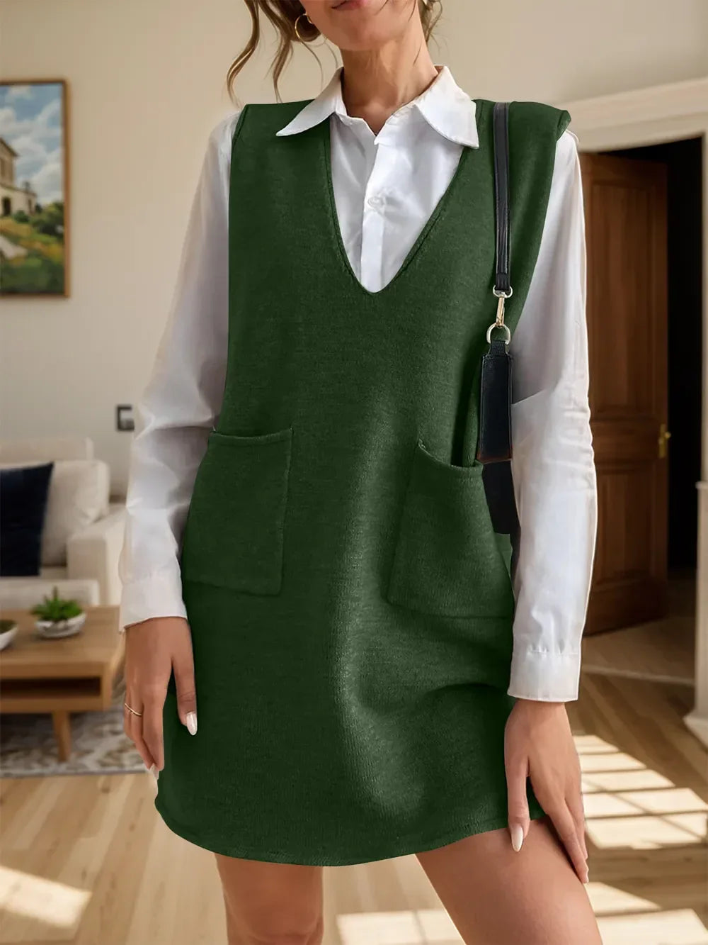 V-Neck Sleeveless Sweater Dress with Pockets - tif-shop24.de