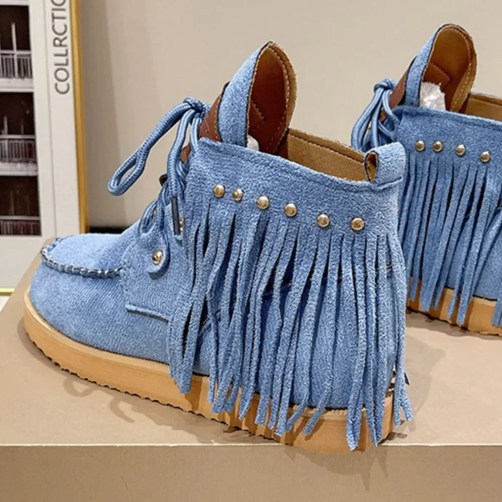 Fringe Studded Round Toe Canvas Boots - tif-shop24.de