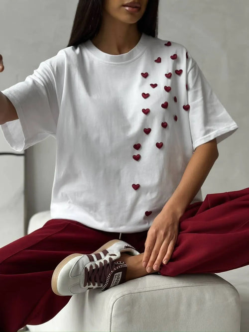 Plus Size Heart Round Neck Short Sleeve T-Shirt - tif-shop24.de
