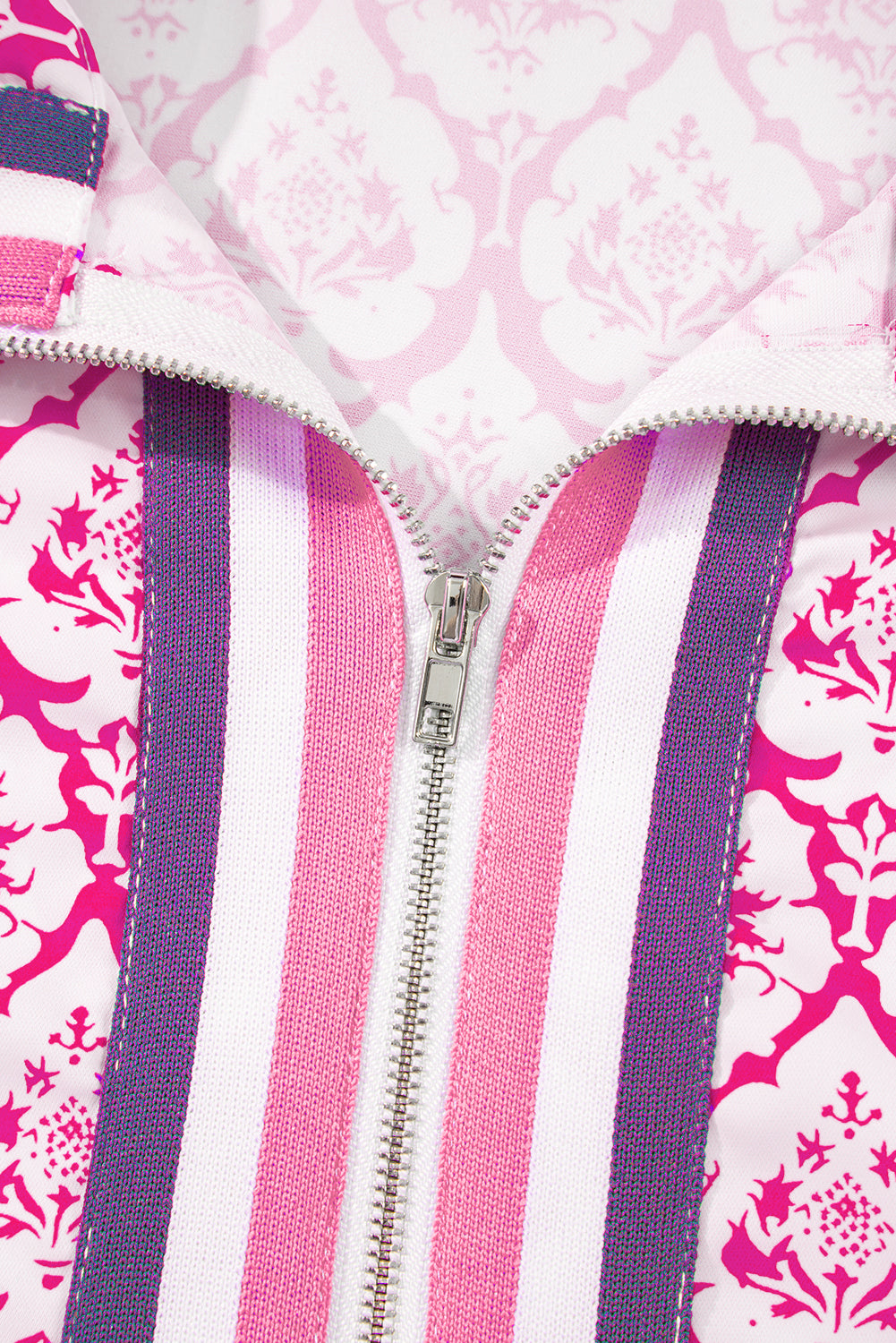 Pink Colorblock Striped Collar Bohemian Print Blouse