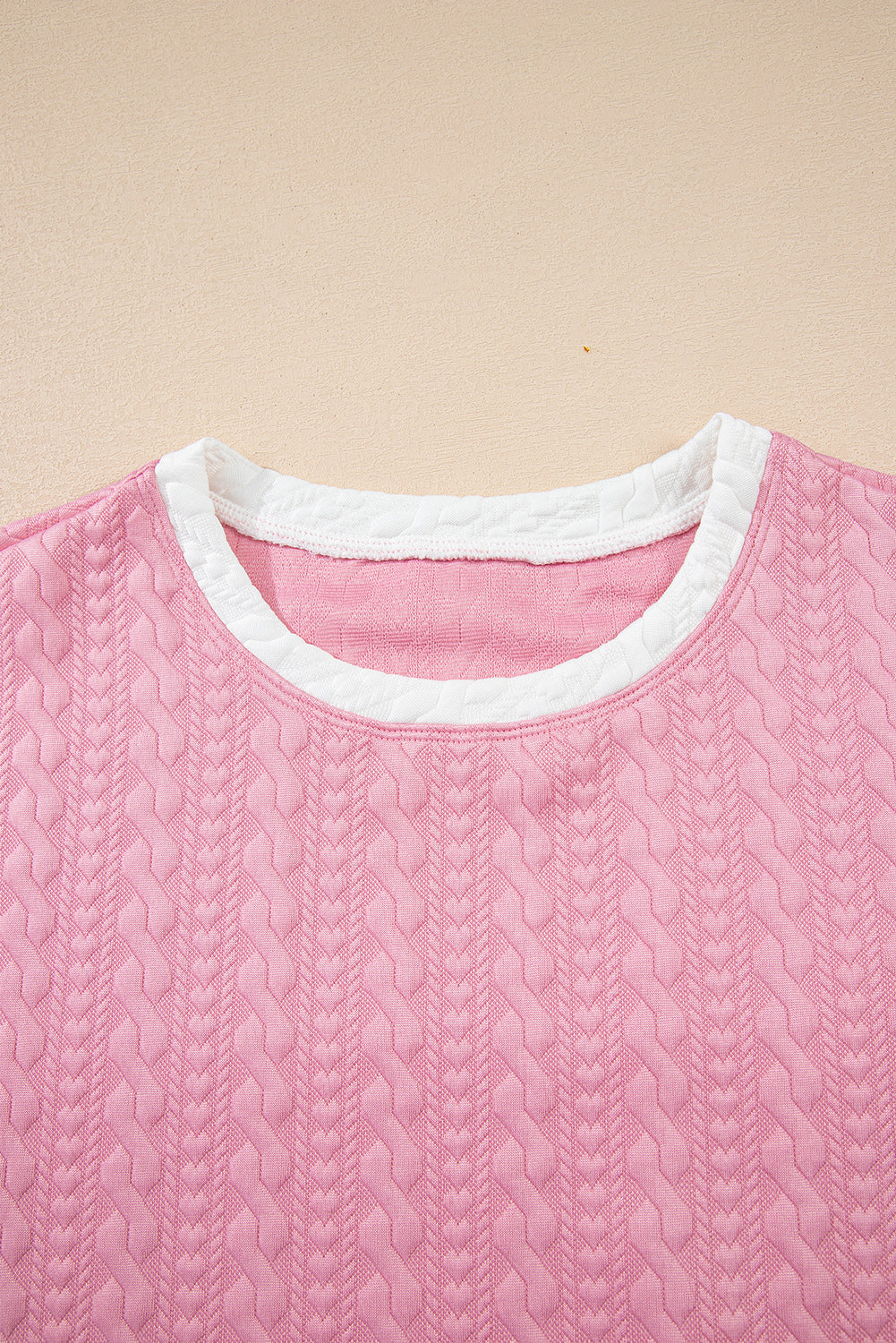 Pink Contrast Trim Textured Crewneck Top and Pocketed Skirt Set